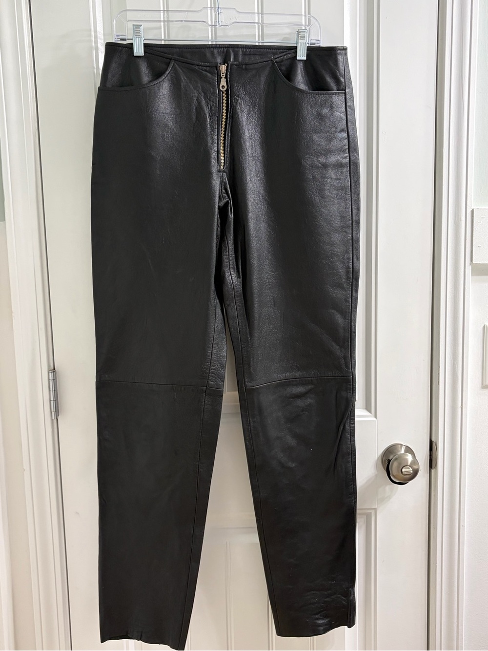 Vintage First Women's Black Genuine Leather Straight Pants Front Zip Lined 12